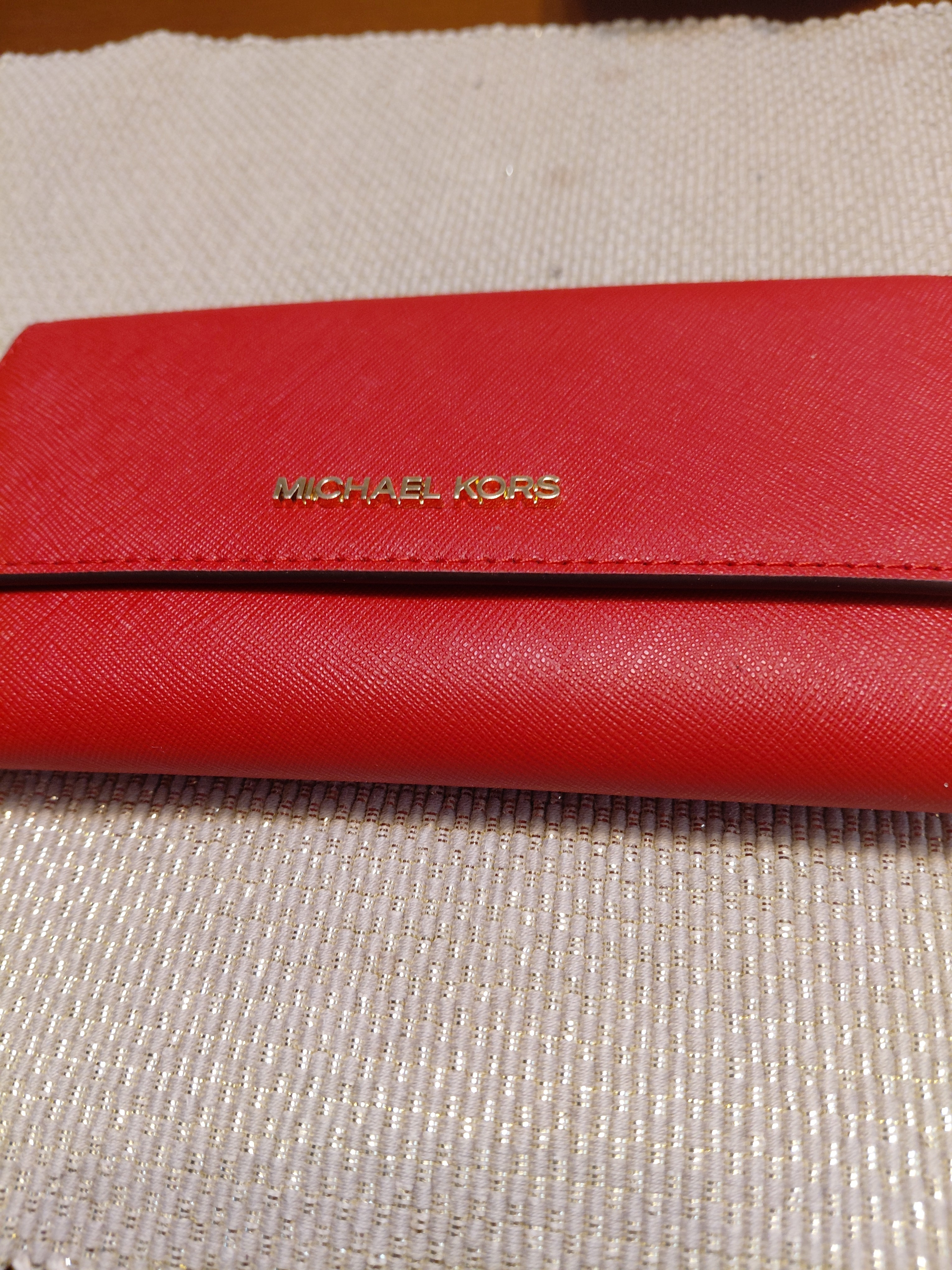 Michael Kors Red Saffiano Leather Card Holder With Gold Logo